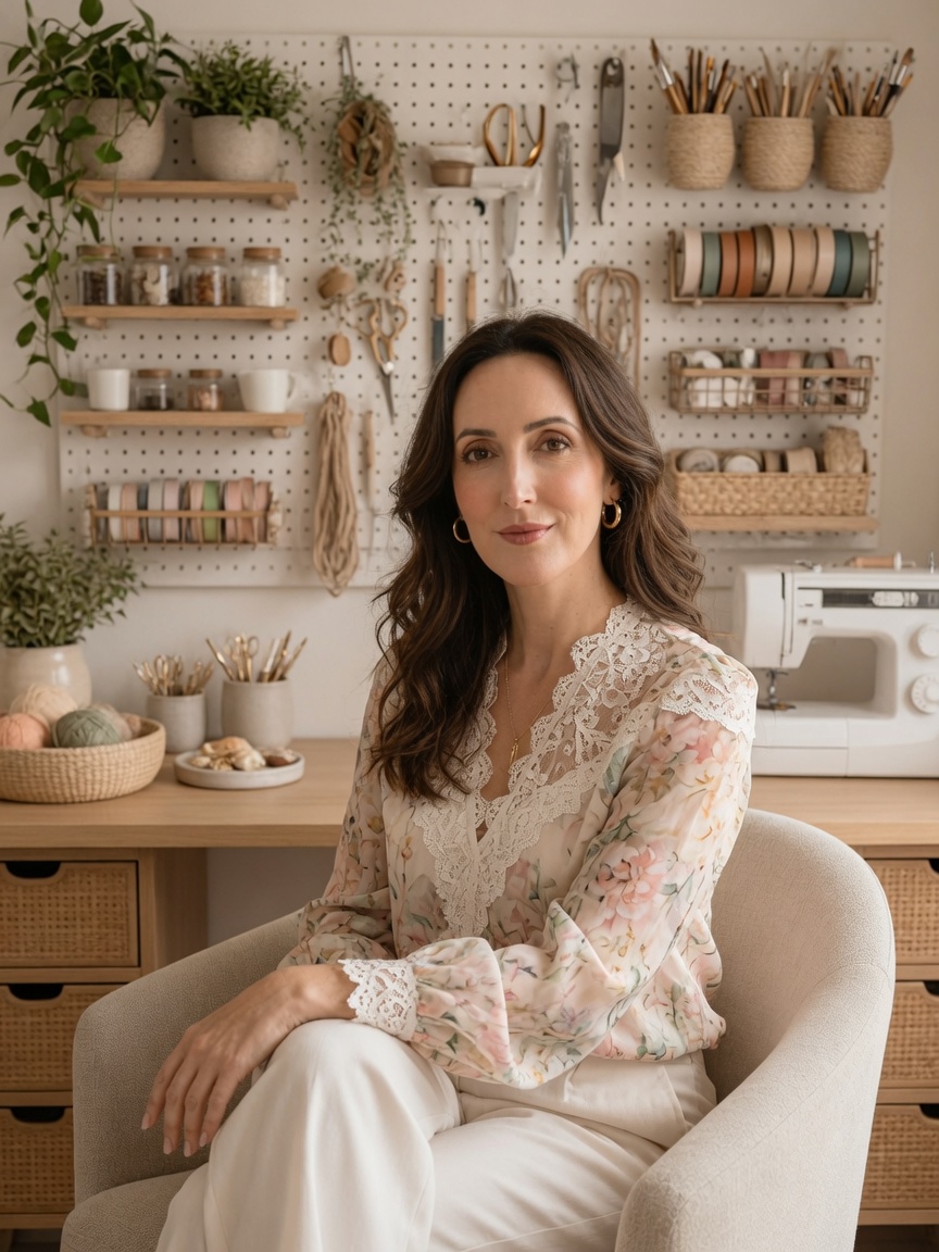 Aline Sabbatini Alves Hirata, fundadora da Era uma Linha, sentada em seu ateliê cercada por linhas, tecidos e máquina de costura