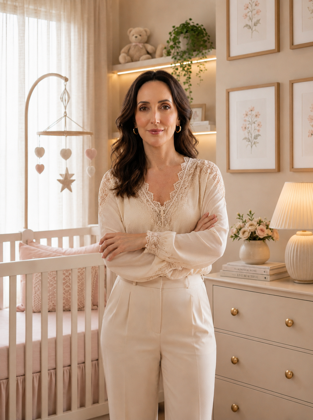 Aline, designer de interiores e fundadora da Era uma Linha, em um quarto de bebê