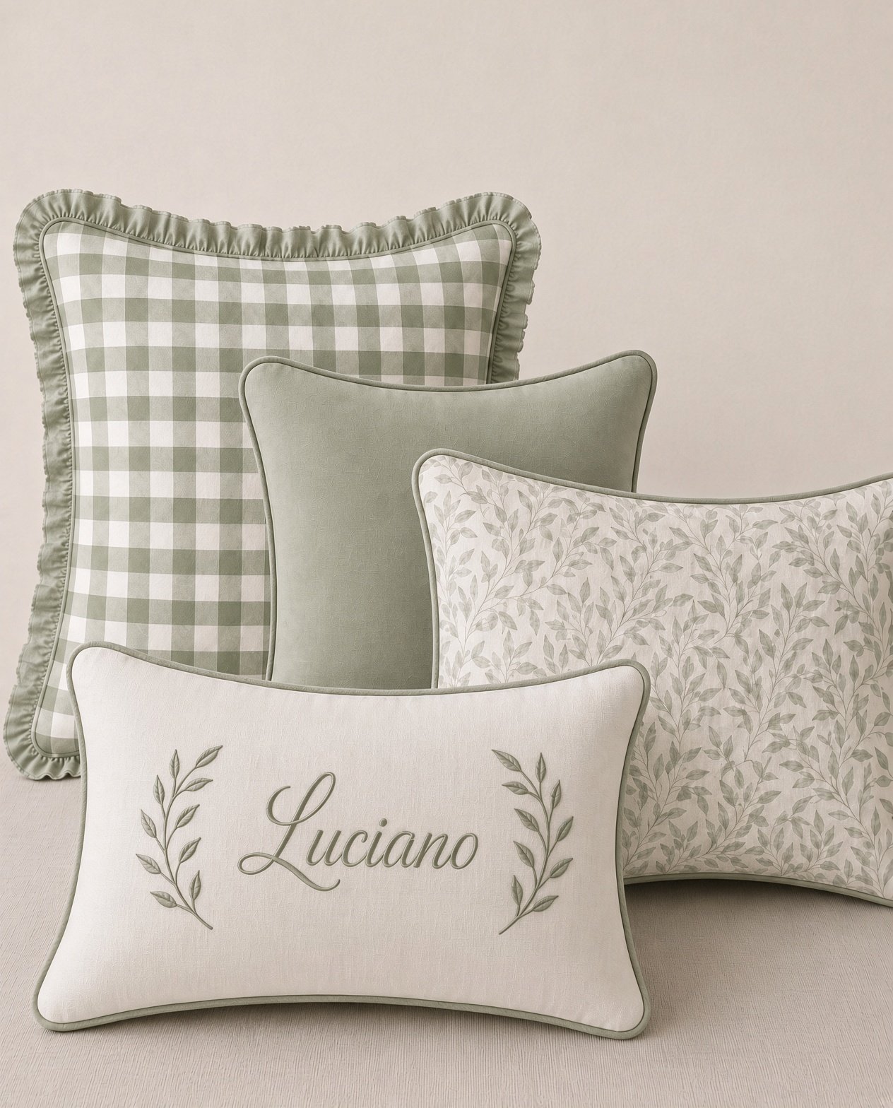 Conjunto de almofadas em verde-sálvia com almofada personalizada bordada com o nome Luciano