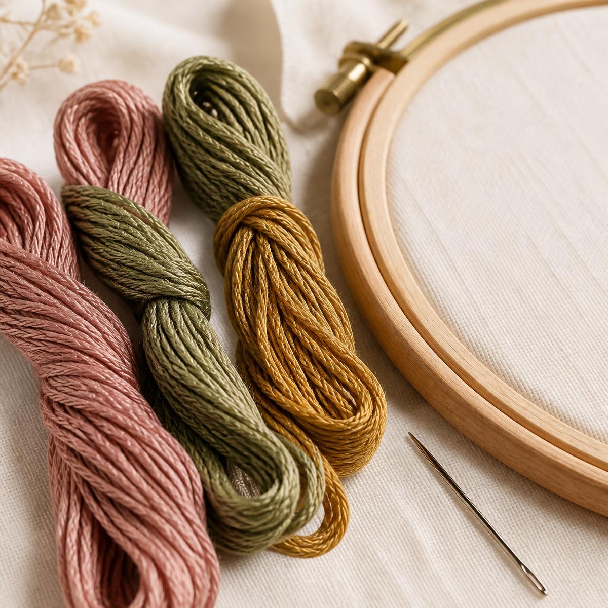 Linhas de bordado em rosa antigo, verde sálvia e dourado ao lado de bastidor de madeira e agulha