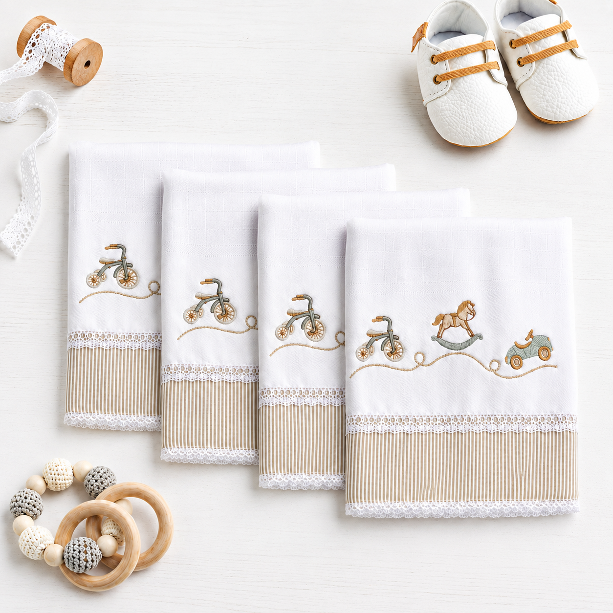 Kit de paninhos de boca brancos bordados com tema infantil e acabamento bege.