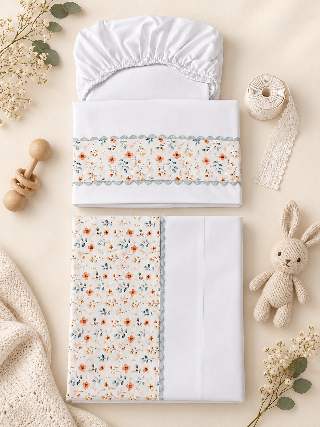 Kit de lençol de berço com barrado floral, coelhinho de tricô, chocalho de madeira e manta delicada
